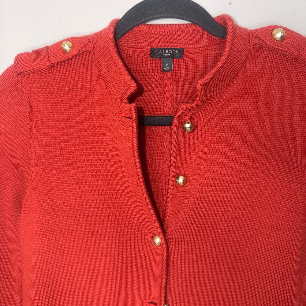 Talbots Petite Sweater Blazer Womens Sm Rust Orange Merino Wool Military Buttons